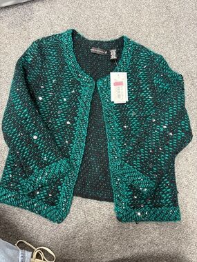 Dana Buchman Black and Teal Tweed Open Cardigan